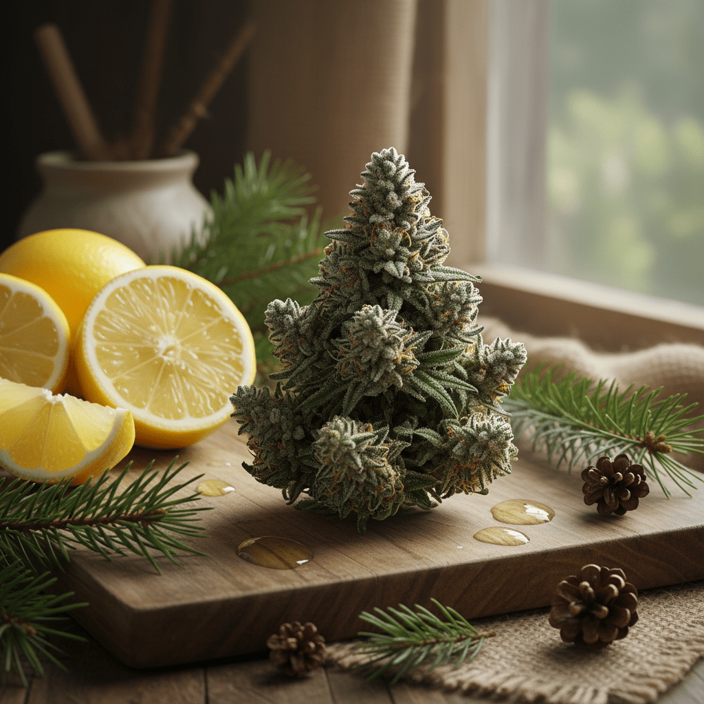 A premium cannabis flower resting next to fresh lemons and pine needles to represent limonene and pinene.