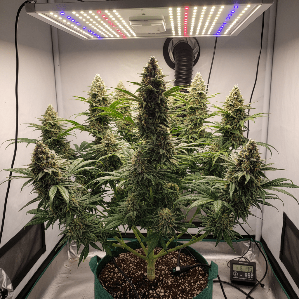 A thriving Frostbite cannabis plant growing indoors, with lush green leaves and resin-coated buds under LED lighting.