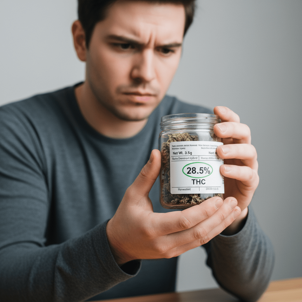 A person reviewing a cannabis product label to check the THC percentage.